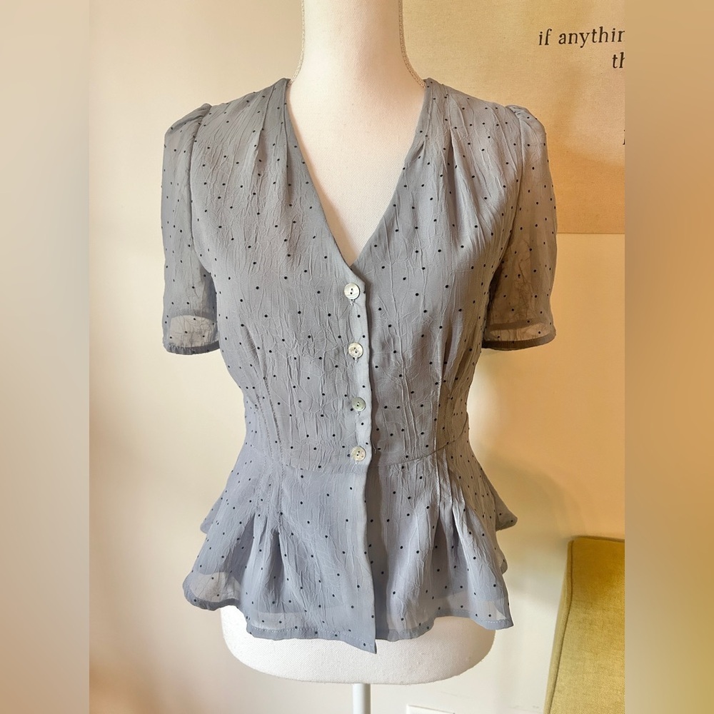 All Row Boutique Gray Polka Dot Peplum Ruffled Bottom Button Front Blouse View 2